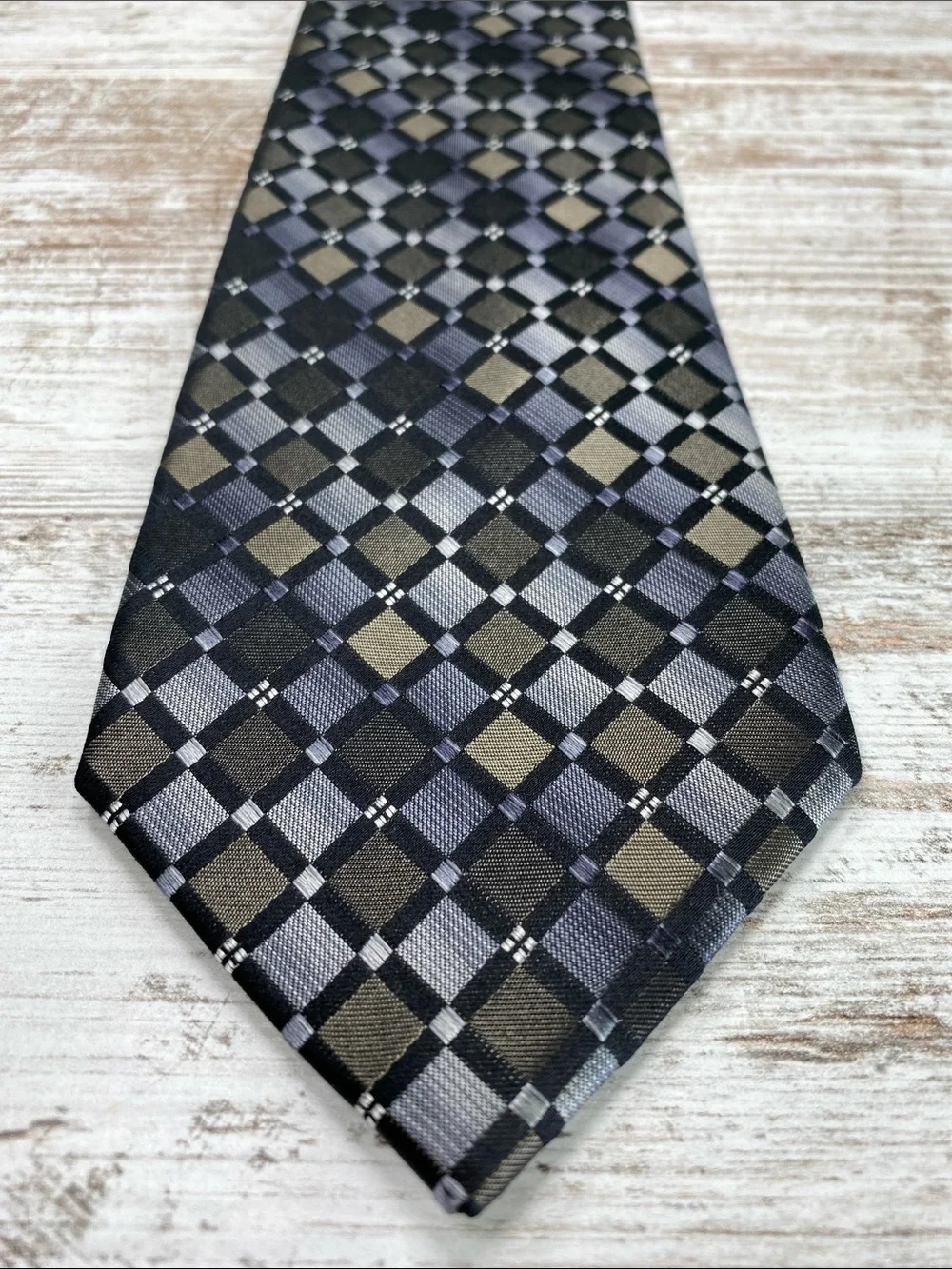 Statements 100% Silk Tie Gray Black Tan Plaid Check Necktie Mens 58”